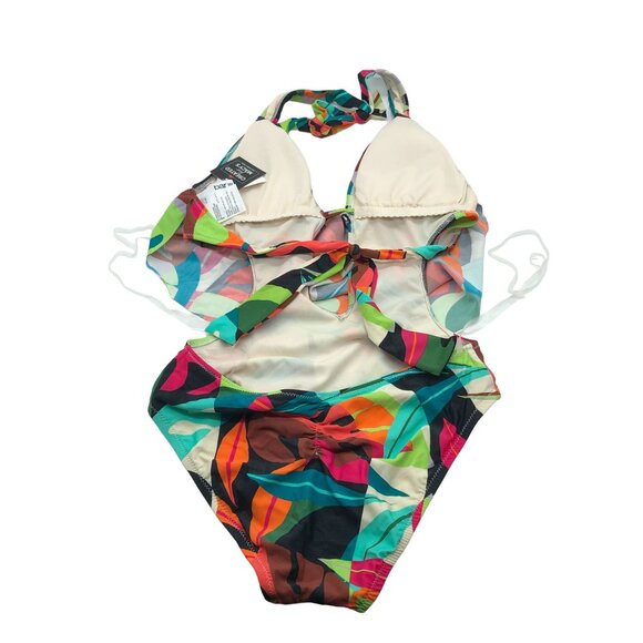 Bar III Tropical Dreams Multicolor Halter Cowl Neck One Piece Swimsuit XS - Picture 4 of 6